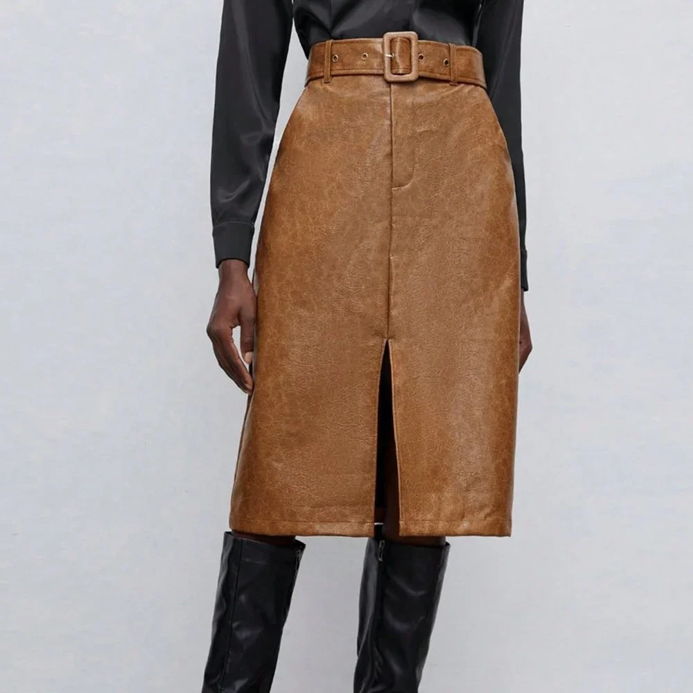 Brown Preppy Womens Split Hem Belted PU Leather Skirt - Picture 5 of 5